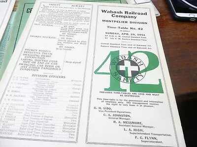 Wabash Railroad Montpelier Division Employee Timetable #42 - 4/29/1951 • $9.99