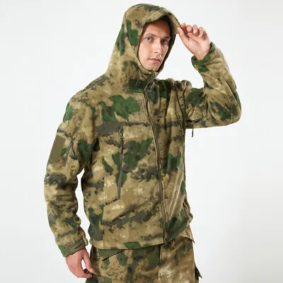 Camo Mens Fleece Jacket Army Outdoor Tactical Military Warm Combat Casual Hooded • £35.99