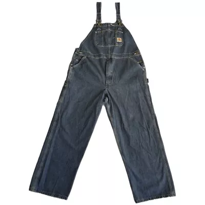 Carhartt Blue Jean Denim Unlined Bib Overalls R07 DST Mens 42x30 Workwear • $49.99