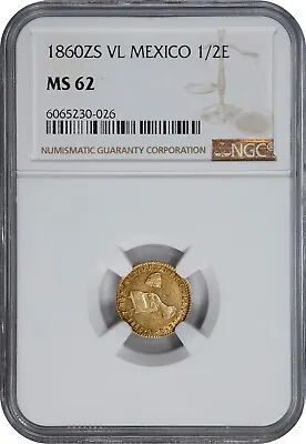 Mexico 1860 Zs VL 1/2 Escudo NGC MS62 • $800