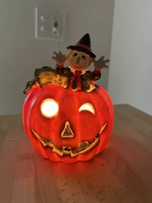 VTG Witch Pumpkin Jack O Lantern Ceramic Light Up Halloween Decor Light 6.5” • $14.99