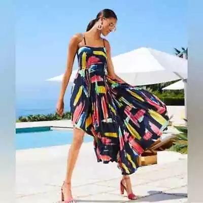 NWT Milly Irene Modern Brushstroke Pleated Midi Dress Rainbow Multi Sz 0 Swing • $158