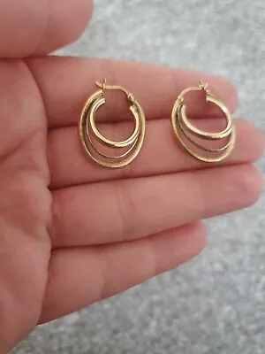 9ct Gold Earrings Three Row Hoop Earrings Diamond Cut  • £189.99