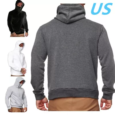 US Mens Long Sleeve Hoodie Hooded Drawstring Pullover Built-in Mask Face Cover • $30.49