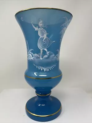 Antique MARY GREGORY Girl With Butterfly Blue Mist Satin Vase • $22