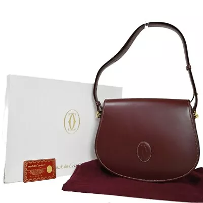 MUST DE CARTIER 2C Logos Shoulder Bag Leather Bordeaux Gold-Plated Italy 85SH628 • $468