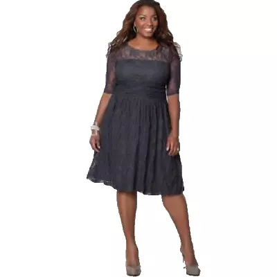 Kiyonna Dress Size 3X Luna Lace Gray Cocktail Length Party Fit And Flare Lined • $59.49