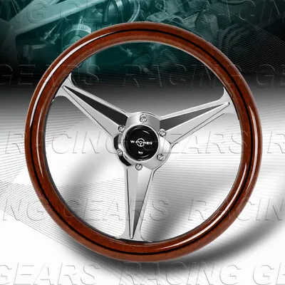 350mm W-power Dark Wood Mahogany Grip 14-inch Steering Wheel With Chrome 3-spoke • $119.95
