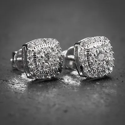 Men's 0.48Ct Natural Diamond 3D Square Authentic White Gold Stud Earrings • $480.99