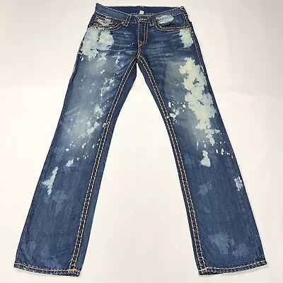 True Religion Jeans Mens 30 Straight Super T Blue Flap Pocket Thick Stitch Denim • $124