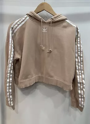 $30 • Buy Adidas Originals Cropped Hoodie Oversized Tan 3 Stripe