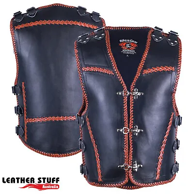 Mens Motorcycle Motorbike Biker Club Vest Waistcoat Heavy Duty 3mm Thick Leather • $299.99