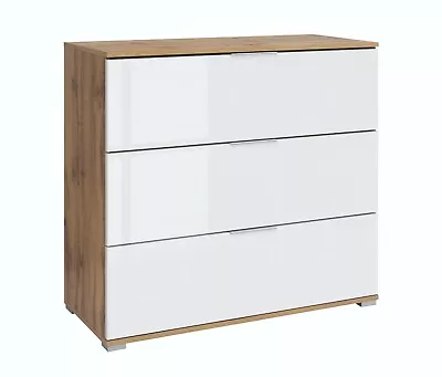 Drawer Storage Unit 95cm Chest Of 3 Drawers Scandi White Gloss & Oak Effect Zele • £179.95