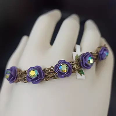 Michal Negrin Bracelet Purple 3D Roses Enamel Green Aurora Borealis Crystals New • $95.20