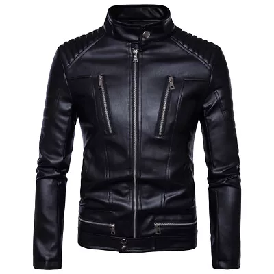 $56.98 • Buy Mens Punk Leather Jacket Multi-pocket Soft PU Leather Outwear Classic Biker Coat