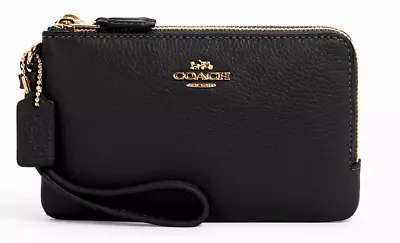 Coach - Double Corner Zip Wristlet - Black/Gold Refined Pebble Leather -6649 NWT • $64.88