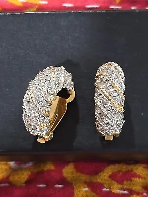 Vintage Kenneth Jay Lane KJL Half Hoop Clip On Earrings Rhinestones Gold Tone • $49