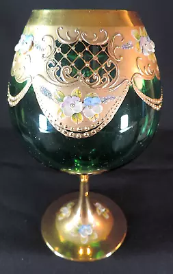 Green Venetian Murano Wine Glass Applied Flowers Gold • $16.50