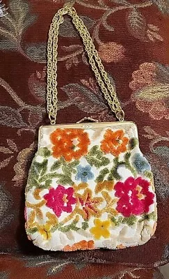 Vtg White Floral Gold Chain Carpet Clutch Purse Bag Japan MCM Boho • $36