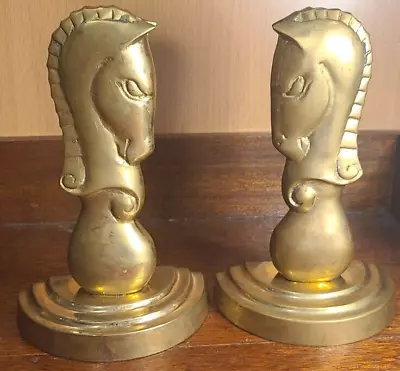 Vintage MCM Mid-Century Solid Brass Bookends - Chess Knight - Horse Head • $30