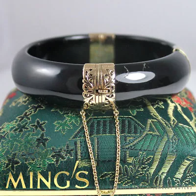 Ming's Hawaii Signed Black Jade 17mm 14k Yellow Gold Hinged Bangle + Box Receipt • $6000