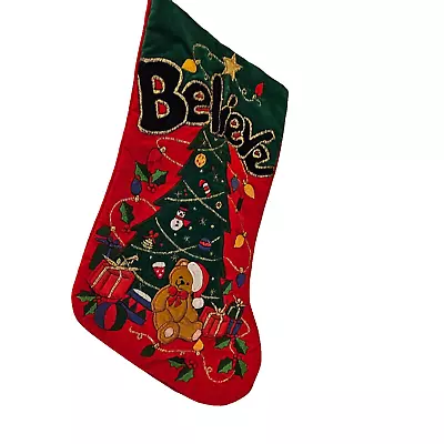 Vintage Velvet Believe Christmas Stocking With Tree And Teddi Bear • $14.50
