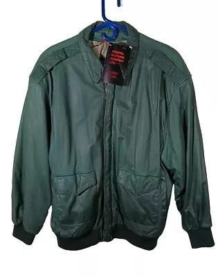 Vtg General Clothing Company 90s Mens XL Green Leather Bomber Jacket Map Lined • $54