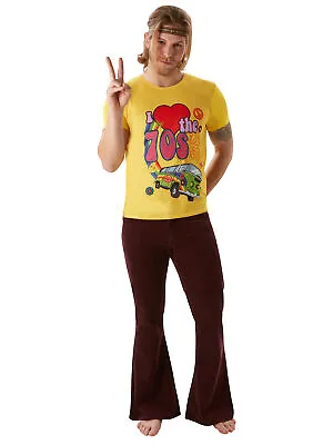 Mens I Love The 70's T-Shirt Hippie Yellow Groovie Adult Fancy Dress Outfit • £7.17
