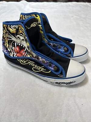 ED HARDY Graffiti Canvas Sneakers TIGER Laceless / Women Sz 8/ Low Or High Top • $44.97