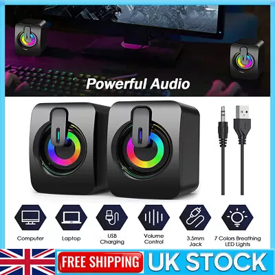 USB Wired Computer Speakers For Desktop PC Laptop Sound Bar Stereo 2.0 RGB Light • £10.99