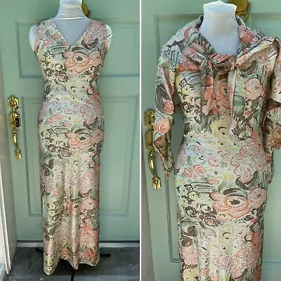 Vintage 1970s Lurex Floral Metallic Maxi Dress And Jacket Set • $74.99