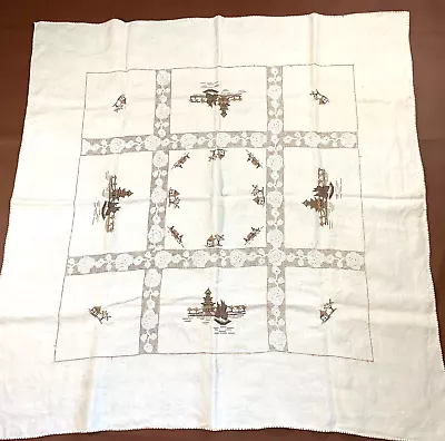 Vintage Hand Embroidered ORIENTAL Theme Linen Small Tablecloth 41  X 41  * • $10