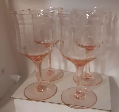 $49.99 • Buy Morgantown Pink Wine Glasses Morgana Etched Floral Depression Glass Drinkware 