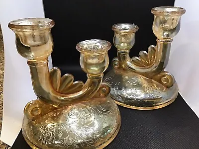 Set/2 Vtg Jeannette Glass Floragold Louisa Marigold Double Candlestick Holders • $17.50