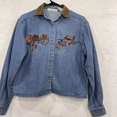 VTG Victoria Jones Women S Denim Cropped Embroidery Flower Corduroy Collar Shirt • $24.90