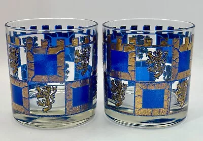 Pair Mid Century Retro Modern Barware Lowball Whiskey Glass Blue Gold Henry 8th • $26.99