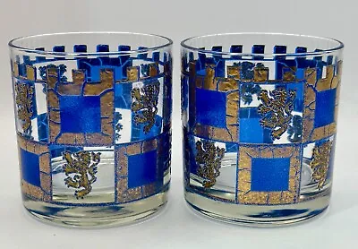 Two Mid Century Retro Modern Barware Lowball Whiskey Glass Blue Gold Henry 8th • $14.99
