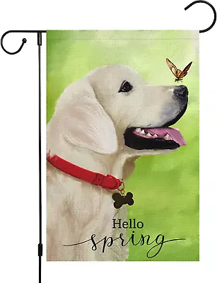 Hello Spring Garden Flag 12X18 Double Sided Vertical Burlap Small Dog Butterfly • $10.68