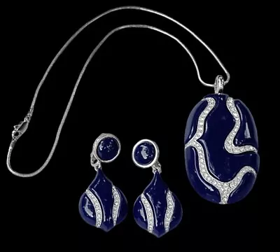 Eisenberg Vintage Dark Blue Enamel Pendant Necklace W Earrings • $145