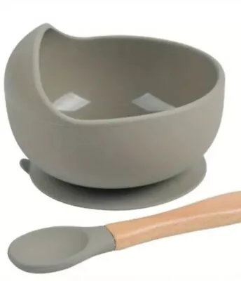 Baby Silicone Suction Bowl And Spoon Feeding Dinner Set For Baby Brand New Grey • £5.49