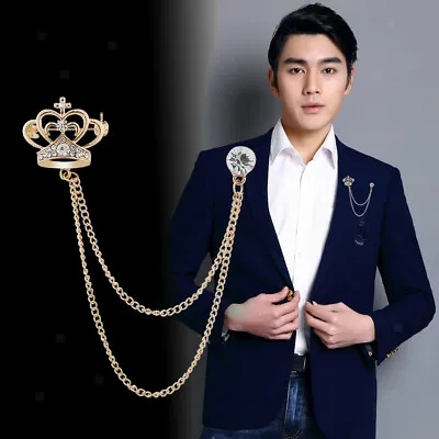 Mens Fashion Crown With Tassel Chain Pin Brooch Lapel Pins Suit Accessories • £5.03