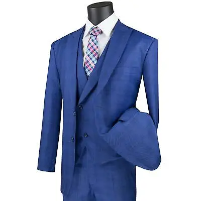 VINCI Men's Blue Glen Plaid 3 Piece 2 Button Modern Fit Suit W/ Peak Lapel NEW • $140