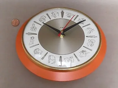 60/70s ORANGE WALL CLOCK Vintage METAMEC ZODIAC Retro AA BATTERY KITCHEN QUARTZ • £45