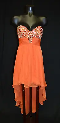 MoriLee Orange Beaded Hi Lo Chiffon Strapless Party Prom Dress Size 11/12 • $49.99