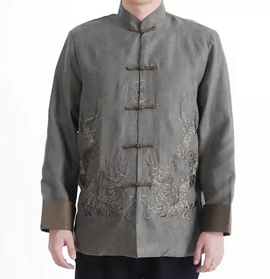 £17.99 • Buy Double Dragons Chinese Oriental Mens Kung Fu Grey Suede Top Long Shirt Cmssh15