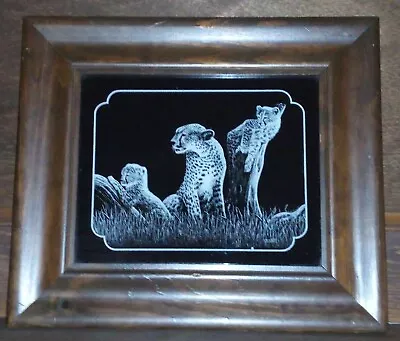 Vintage 80's Droguett Cheetah & Cubs Black White Mirror Picture Dark Oak Frame • $19.95