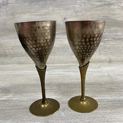 Vintage Set Of 2 Solid Brass Tulip Shaped Goblets Patina Wine Glasses India • $14