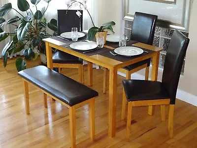 5 Pcs Dining Kitchen Set Rectangular Table 3 Fallabella Chairs Bench Maple • $259.99