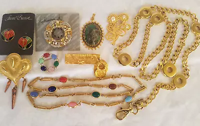 Lovely Lot Of Gold Tone Vintage Jewelry Brooches Necklace Laurel Burch MJent Etc • $14.99