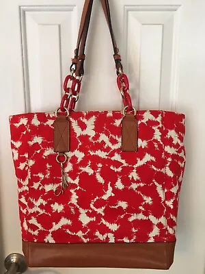MILLY Large Red & White Splatter Canvas & Brown Leather Tote/Handbag NWOT • $50